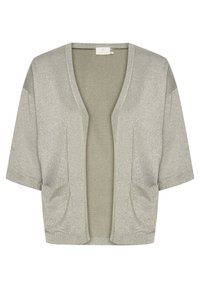 Zilveren cardigan met korte mouwen en V-hals, met een gestructureerde, glanzende afwerking en twee voorzakken. Zacht, lichtgewicht materiaal.