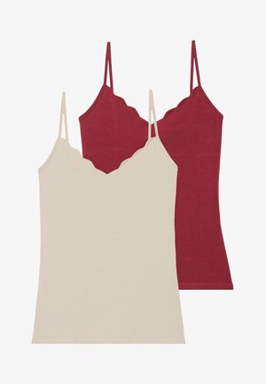 Deux débardeurs : l'un en crème avec un décolleté festonné, l'autre en bordeaux. Tous deux ont des bretelles fines et un tissu doux et léger.
