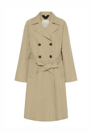 Palton bej cu dublu rând de nasturi, nasturi negri, rever larg, buzunare laterale și curea din material legată în jurul taliei.