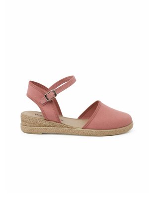 Roze canvas slingback sandalen met een jute-wikkelhiel, open teen en een verstelbaar enkelbandje, met een gladde textuur.