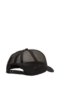 Svart netting baseball cap med en solid svart visir. Har justerbar stropp og rund topp for en strukturert form. Passer for uformell bruk.