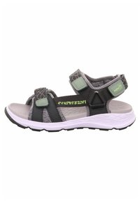 Gray sports sandal with Velcro straps, a textured upper, and a cushioned sole. Features a contrasting white outsole and green accents.