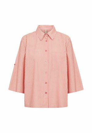 Nööbitav roosa-valge vertikaalsete triipudega särk, millel on kolmveerand varrukad ja vasakul rinnatasku.