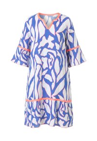 Loose knee-length dress with blue and white abstract leaf print, three-quarter bell sleeves, peach trim on neckline, sleeves, and hem.