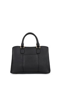 Borsa a tracolla in pelle nera texture, con doppie maniglie superiori, dettagli in oro e una tasca frontale. Forma rettangolare e design strutturato.