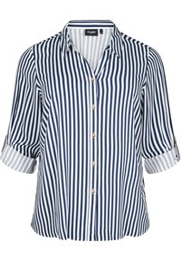 Blouse rayée bleu marine et blanche avec un col, un devant à boutons et des manches courtes retroussées. Fabriquée dans un tissu léger avec une texture lisse.