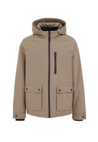 Chaqueta con capucha color beige, con cremallera frontal, dos grandes bolsillos frontales y un bolsillo con cremallera en el pecho. Presenta una textura suave y mate.