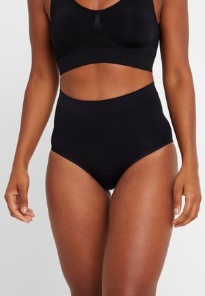 Mutande nere a vita alta con una texture liscia, design senza cuciture e fascia elastica. Stile semplice e minimalista senza motivi.