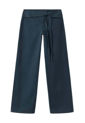 Pantaloni blu scuro a gamba larga con cintura in tessuto annodata davanti e vita alta su sfondo bianco.