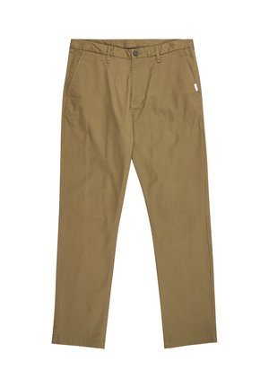 Chino khaki con design a gamba dritta, in tessuto di cotone, chiusura a bottone e due tasche laterali. Dettaglio di cuciture minime sulle cuciture.