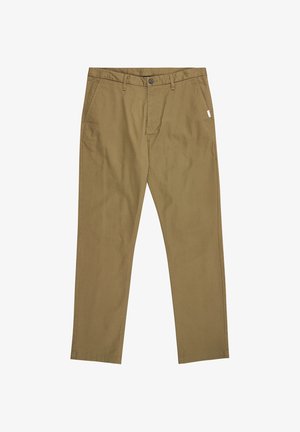 Khaki chinos s priamym strihom, bavlnená tkanina, zapínanie na gombík a dve bočné vrecká. Minimálne švy na okrajoch.