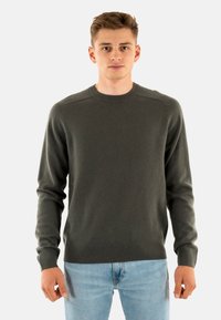 Maglione verde scuro realizzato in materiale morbido, con scollatura a girocollo, maniche lunghe, polsini e orlo a costine, e con una texture liscia.