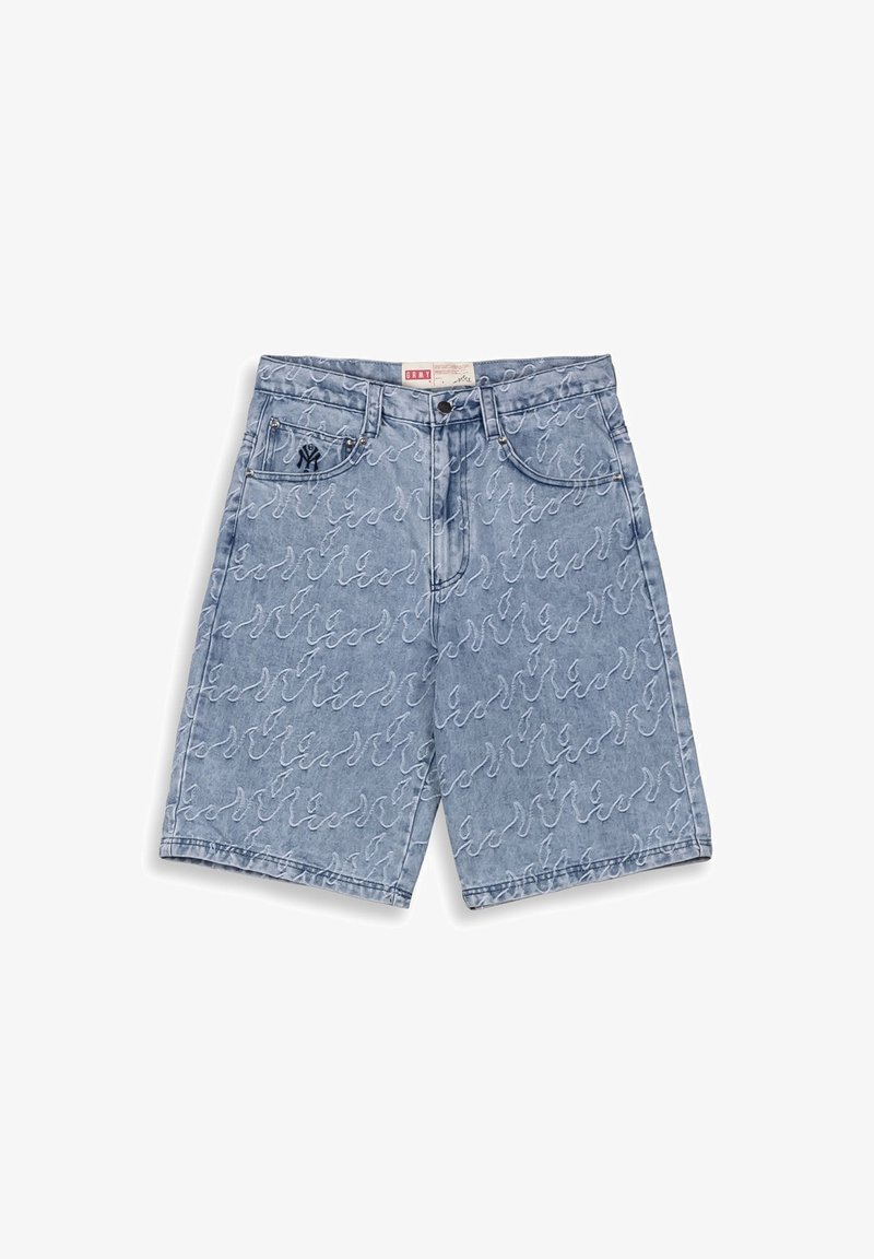 Leren shorts in lichtblauw met een herhalend wit golfpatroon. Voorzien van voorzakken, knoopsluiting en logo borduursel.