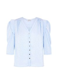 Blusa azzurro chiaro con scollo a V, chiusura decorativa a bottoni, maniche corte a sbuffo e un delicato motivo testurizzato sul tessuto.