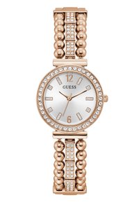 Orologio in oro rosa con un quadrante rotondo, fondo argentato, dettagli in cristallo e un bracciale con texture a perline che presenta maglie rettangolari e ulteriori dettagli in cristallo.