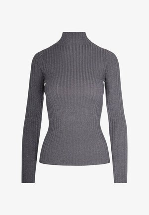 Maglione grigio a collo alto con coste, maniche lunghe, design aderente e finitura testurizzata leggermente lucida.