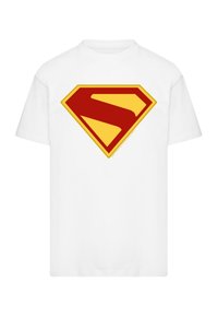 White cotton t-shirt featuring a large yellow and red Superman logo in a diamond shape at the center.