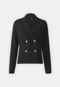 Czarna marynarka dwurzędowa wykonana z gładkiej tkaniny, z srebrnymi guzikami, kołnierzem z wycięciami i dwoma przednimi kieszeniami. Dopasowany krój.