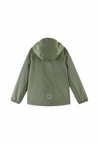 Olive green waterproof jacket with hood, elastic cuffs, and a rectangular logo patch on the lower back. Smooth texture, minimal design.