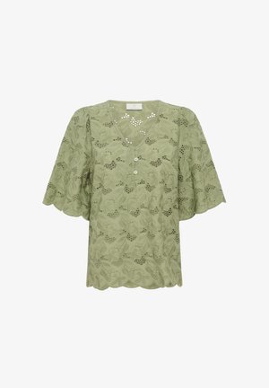 Zelená krajková blúzka s kvetinovými vzormi, výstrih do V, štyri gombíky a krátke rukávy s vlnkovanými okrajmi. Ľahký, polopriesvitný materiál.