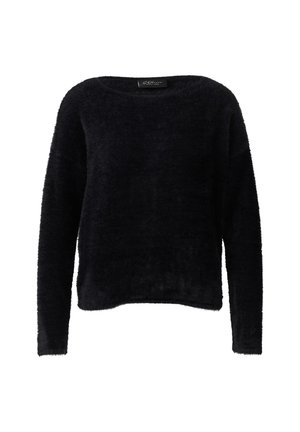 Pull en laine noir à manches longues avec un col rond, un ourlet légèrement court et un tissu doux et texturé.