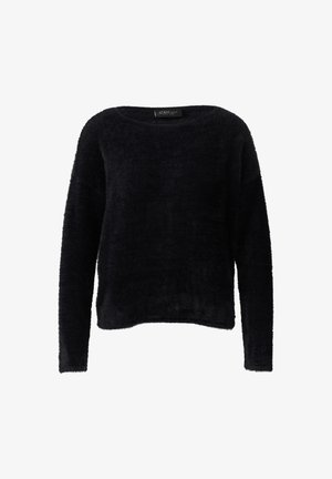 Black long-sleeve fuzzy sweater with a round neckline, slightly cropped hem, and soft textured fabric.