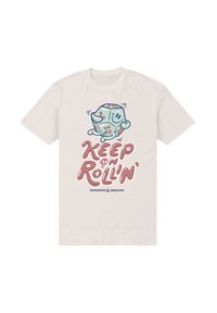 Maglietta a maniche corte color crema con un dado cartone animato e la scritta giocosa "KEEP ON ROLLIN'". Le grafiche sono in colori pastello con finitura lucida.