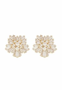 Guldtonade örhängen med kluster av avlånga klara kristaller arrangerade i en blommig design, centrerade med en rund kristall.