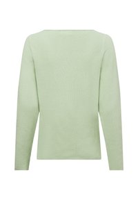 Hellgrüner gestrickter Pullover, lange Ärmel, rechteckiger Ausschnitt, strukturierter Stoff und lockere Passform. Rückansicht ohne sichtbare Akzente.