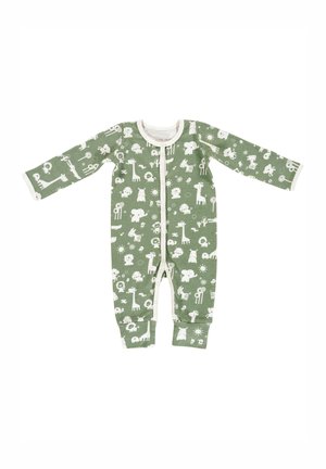 Grüner einteiliger Overall mit weißen Tierillustrationen, langen Ärmeln und einem Druckknopfverschluss vorne. Aus weichem Baumwollmaterial mit kontrastierenden Akzenten.