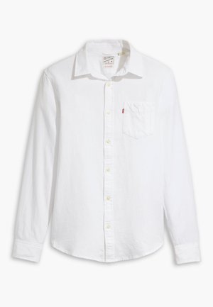 White long-sleeve button-up shirt made of cotton. Features a collar, chest pocket, and yellow buttons; smooth texture and tailored fit.
