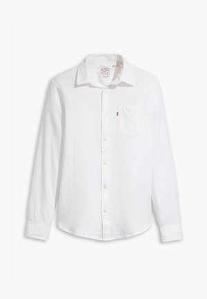 White long-sleeve button-up shirt made of cotton. Features a collar, chest pocket, and yellow buttons; smooth texture and tailored fit.