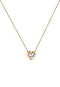 Collana d'oro con un ciondolo a forma di cuore, dotata di una pietra centrale trasparente e scintillante. Catenina delicata con un design semplice ed elegante.
