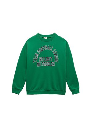 Groene sweatshirt met een ronde hals, lange mouwen en geribde boorden. Voorzien van een tekstprint: "TEAM FOOTBALL LEAGUE NO LIMIT NO PROBLEM."