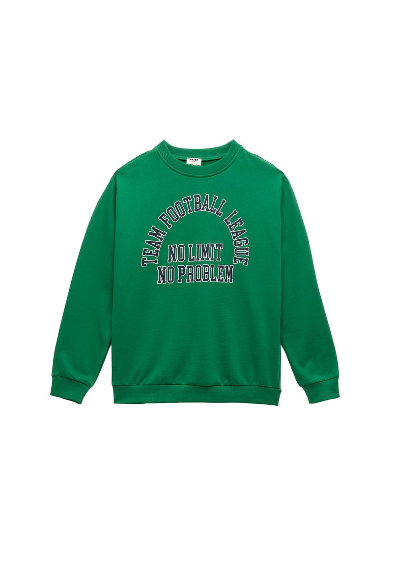 Groene sweatshirt met een ronde hals, lange mouwen en geribde boorden. Voorzien van een tekstprint: "TEAM FOOTBALL LEAGUE NO LIMIT NO PROBLEM."