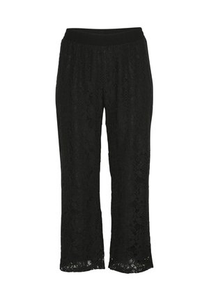 Fekete csipke cropped nadrág széles, rugalmas derékkal és bővülő szabással. Bonyolult virágmintázattal és enyhén áttetsző textúrával rendelkezik.