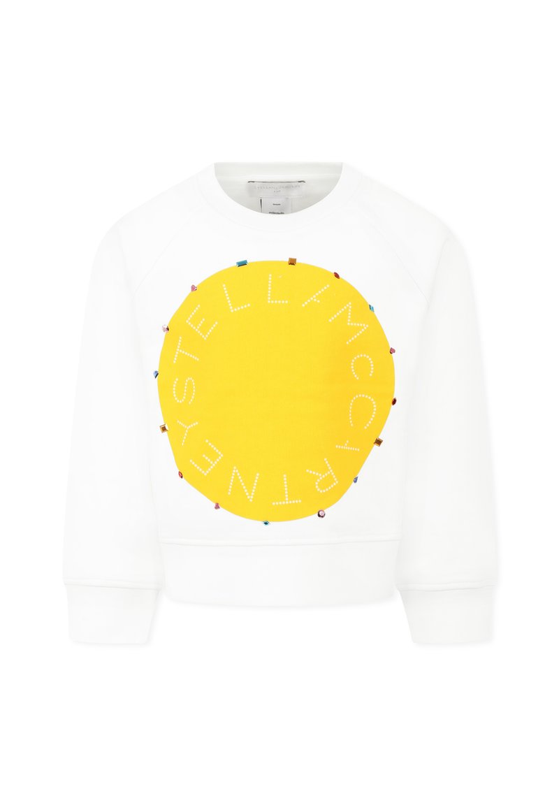 Felpa bianca con grafica rotonda gialla che presenta "STELLA McCARTNEY" in lettere bianche, accentuata da decorazioni colorate.