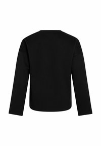 Juodas ilgo rankovo marškinėlis, pagamintas iš minkštos medžiagos, su apvaliu iškirpimu ir laisvu siluetu. Paprastas dizainas be matomų raštų ar akcentų.