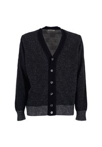 Cardigan nero con scollo a V, caratterizzato da un tessuto testurizzato, sei bottoni sul davanti e polsini a coste con un orlo grigio a contrasto.
