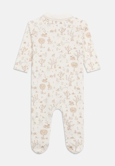 Kremfarget babyheldrakt med lange ermer og føtter, trykt med lysebrune vintage-stil dyr- og treillustrasjoner.