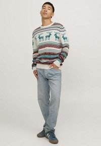 Gebreide trui met rendierpatronen in teal en kastanjebruin op een crème achtergrond. Gecombineerd met lichtblauwe jeans en donkere sneakers.