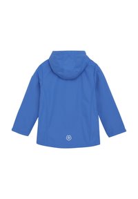 Blå vattentät jacka med huva, långa ärmar, slät textur, enkel design och en logotyp tryckt på baksidan nära fållen.