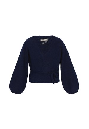 Tamsiai mėlyna apykaklė su ilgomis pūkuotomis rankovėmis, megzta tekstūra ir juostos užsegimu juosmenyje.