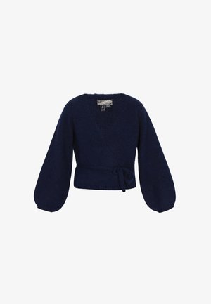 Cardigan în nuanța albastru marin, cu mâneci lungi tip puff, textură tricotată și închidere cu curea la talie.