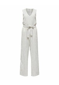 Jumpsuit senza maniche bianco con righe verticali nere, caratterizzato da una scollatura a V, una cintura annodata in vita e un taglio a gamba larga.