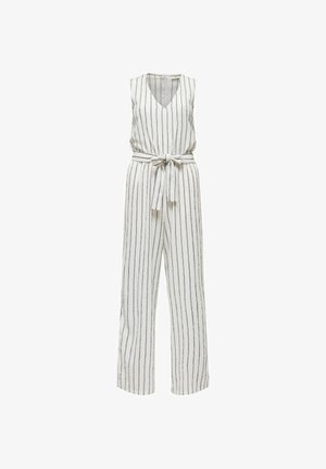 Bela brezrokavna kombinezona z navpičnimi črnimi črtami, z V-izrezom, s pasom na vezanje in širokimi hlačnicami.