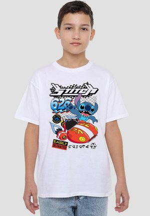White cotton T-shirt featuring a colorful graphic design of Stitch, a red racer, and text phrases "Easily Distracted" and "Oh What Energy."