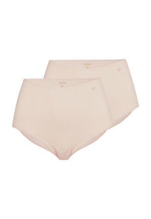 Twee beige naadloze damesonderbroeken met hoge taille, minimale branding en gladde stof, getoond tegen een witte achtergrond.