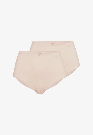 To beige sømløse højttaljede damestrømper med minimal branding og glat stof, vist mod en hvid baggrund.