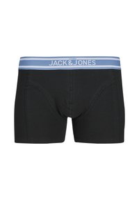 Zwarte boxershorts met een blauwe elastische tailleband met de tekst "JACK & JONES". Gladde textuur en een aansluitend ontwerp met gestikte details.